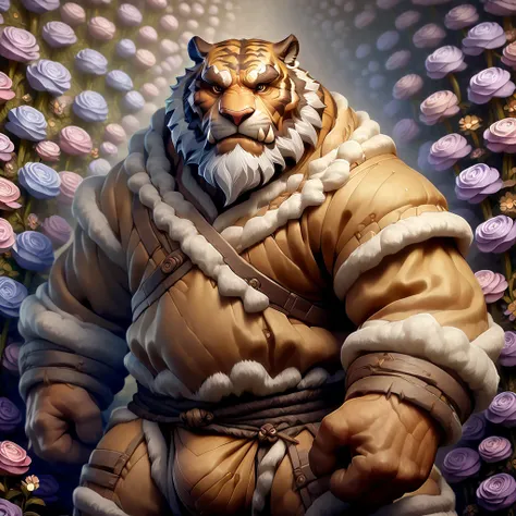 ,(( plump middle-aged tiger man)), Standing,  (( brown eyes)),  beautiful beard , (Male face), (Big Face:0.5),  square jaw , ( male eyes :1.2), ( sharp eyes :0.8), ( big eyes:0.5), Male eyebrows, ( innocent eyes :0.5),  furry body , Breaking the flower fie...