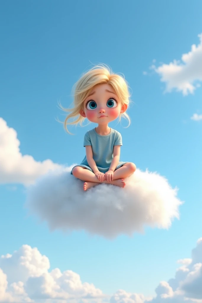 a little age girl sitting on a cloud. She is wearing a blue dress and has blonde hair and blue eyes. The background is a blue sky with white clouds. The girl is looking directly at the camera with a serious expression on her face. Pixar style 3d animation 