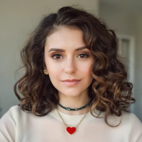 Looking straight at the camera, Film grain, skin texture, Instagram closeup selfie of a woman with beautiful wavy hair wearing a heart necklace,f/1.8,wearing a tutleneck shirt,   