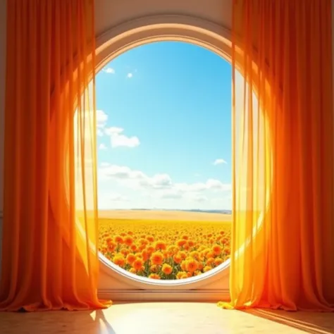 The contrast between the background and the foreground: the blue sky and white clouds are fresh and natural. The orange and yellow fields show a sense of harvest and happiness. Main View: The view outside the window is centered on a round window frame, fra...