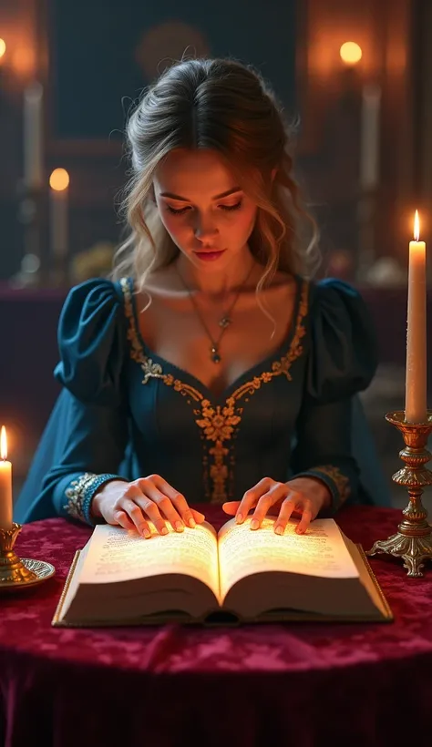 A close-up of the mysterious book placed on a velvet table, its cover glowing faintly. The atmosphere is mysterious, with candles illuminating the scene..The princess is wearing a long dark blue gown with gold embroidery and a thin gold belt around her wai...