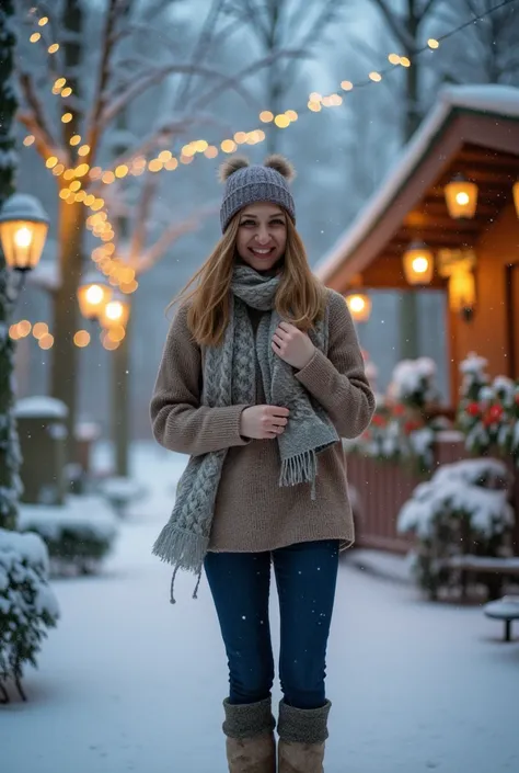 1 girl, t_nov_flux, dark blonde, 25 year old, (full body, wearing small sweater, fur boots, happy huddling cold shiver)), (in a beautiful winter wonderland snowy forest Christmas lights holly), (professional photography, 4k, 8k, extreme detail, ultra quali...