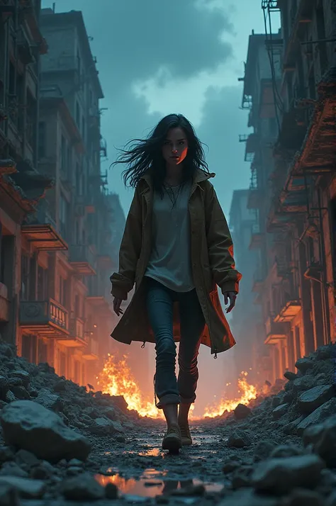 A young women with，Walk in a destroyed city, survival theme，illustration，the night，Fireworms dance in the wind，paper works fall around paper_cut，