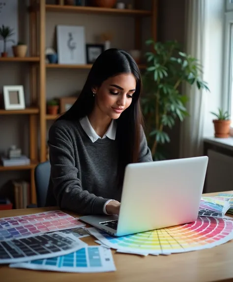  The girl is a graphic designer sitting at a macbook, Pantone ,  is developing branding ,  fans are lying next to each other, light design studio ,  professional photography ,  The girl has black hair , skinny, slim