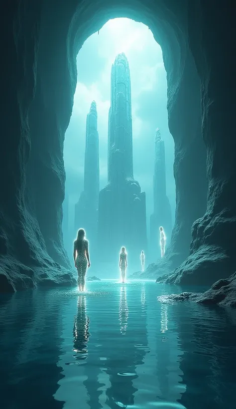 Through a glowing, watery portal, a futuristic underwater city appears with tall crystalline towers. Ethereal, humanoid beings made of shimmering light float near the structures, their forms glowing softly in the water.