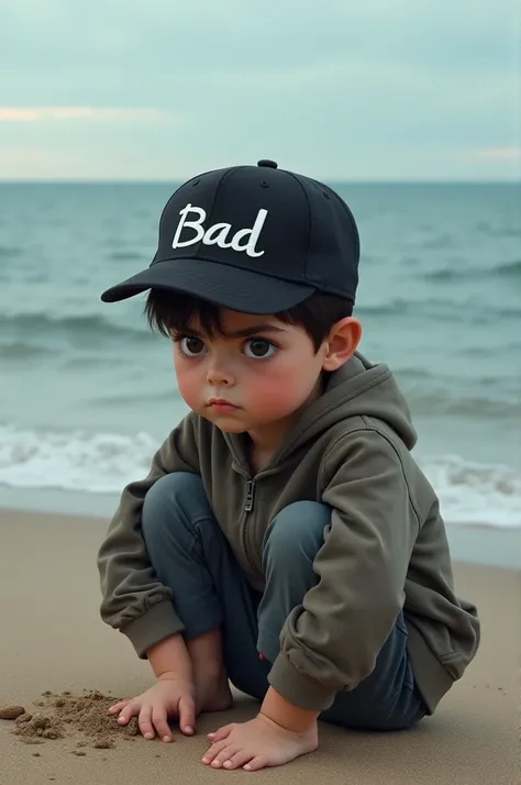 realstic pic for  An angry boy who is sitting with his head bowed. And on his head there is a cap which is black in color and bad is written on it, the boy is alone and sitting on the sea shore.
