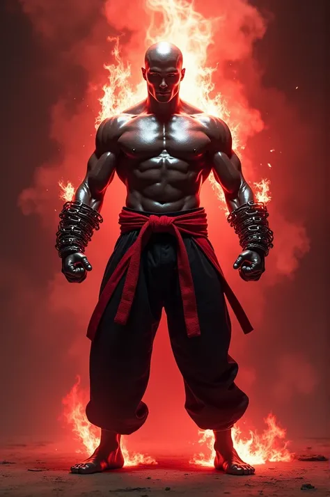 make me an image of a completely featureless, metallic man, wearing black gi pants with a red sash and no shirt, with chains wrapped around his wrist like knuckledusters a bright red aura is around him