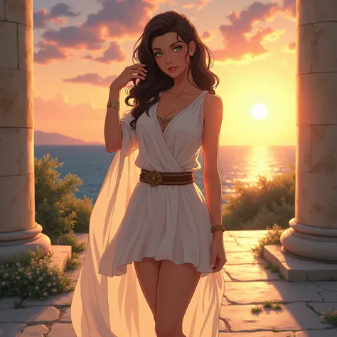 "(((anime))) A beautiful 21 year old Greek woman, light olive skin tone, long, wavy dark brown hair with golden highlights, posing sensually at sunset. She is wearing a classic Greek mini tunic (peplos) of semi-transparent white linen, fitted to the body w...