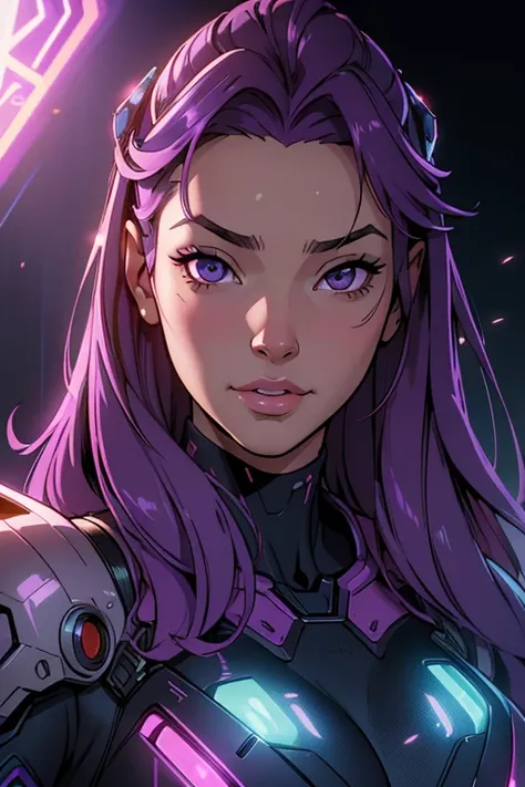 masterpiece, best quality, beautiful detailed hair detailed face, perfect feminine face, (happy:1.2), cyberskull mask, (close-up potrait:1.2), face focus, a beautiful and cute warframe woman and glowing purple hair, pink neon lighting, (sci-fi cyberpunk bo...