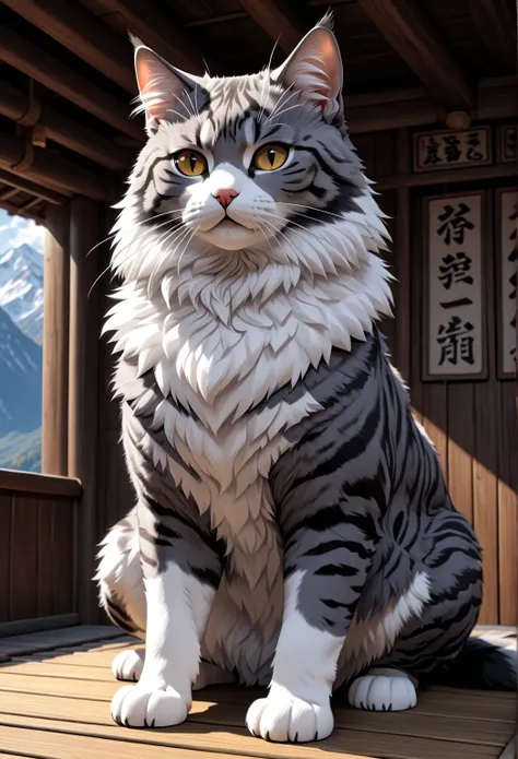 Cat sitting on all fours
Cat breeds： American Bobtail
Coat color and pattern ： deep grey and black tabby pattern
physical characteristics： firm muscular body
accessory： mask of a tengu wearing a head
posing： sitting firmly
features：Strict and dignified
Bac...