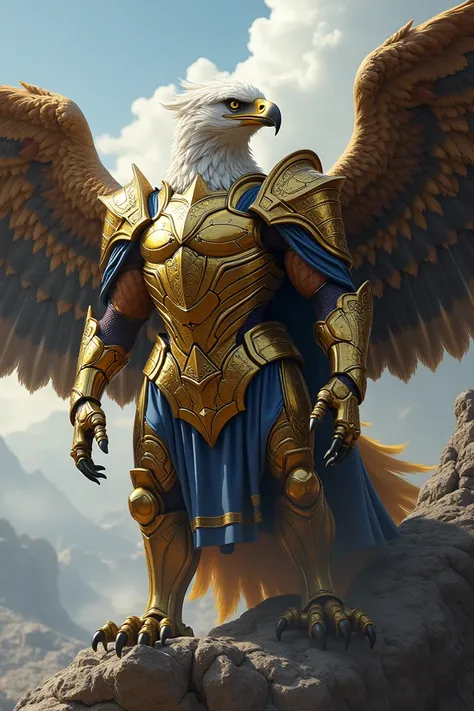 Create an image of a large giant eagle wearing gold armor with blue dashes