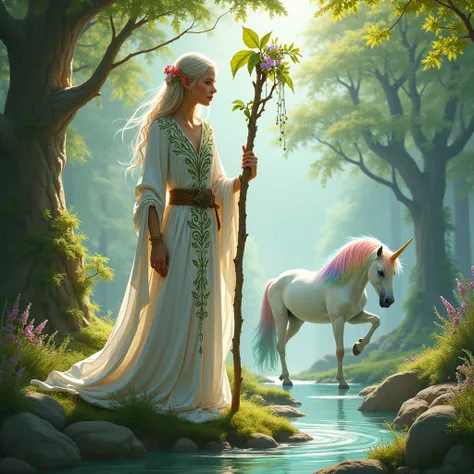 elf. slender.  dressed in white tunic and plant motifs.  walking stick with leaves and flowers in hand. Naturaleza. Druid priest . aura of tranquility . ((posing epic )).  clear with flowers . Naturaleza iluminada. ((epic image)). Unicorn with rainbow-colo...