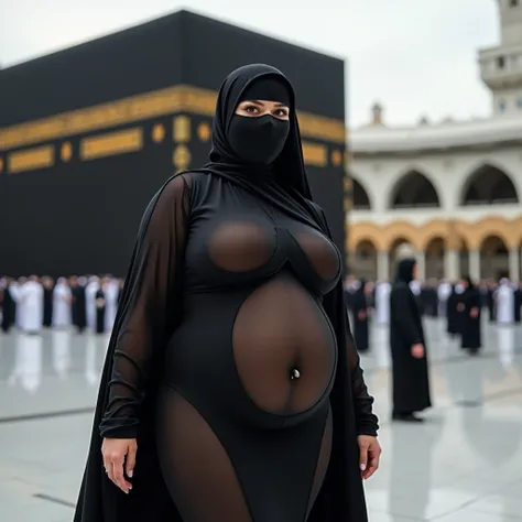 Niqab fat Curvy lady in very tight, see-through clothes in all over her body, very big tits. in front of the Kaaba,sexy body with huge breasts,The butt is up,open ass, full body view
