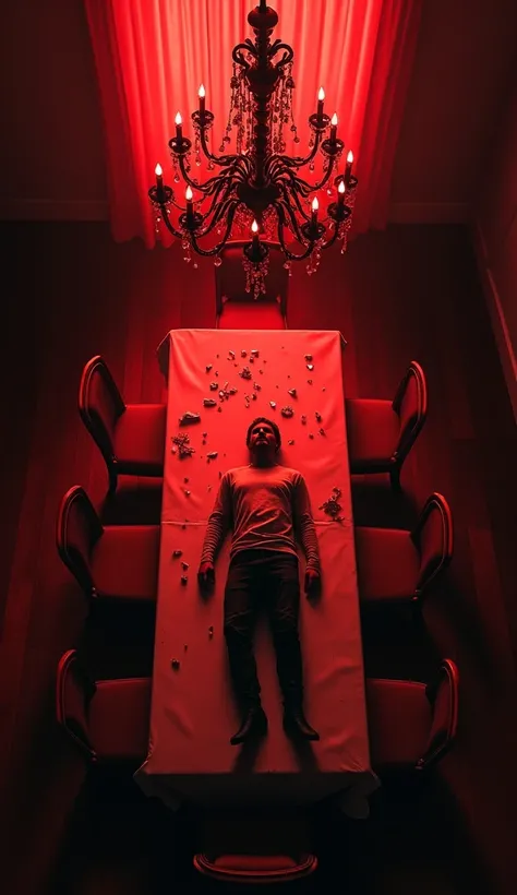 An overhead view of the dining room table, showcasing the tilted chandelier, the lifeless body, and scattered shards of glass, bathed in ominous red tones.