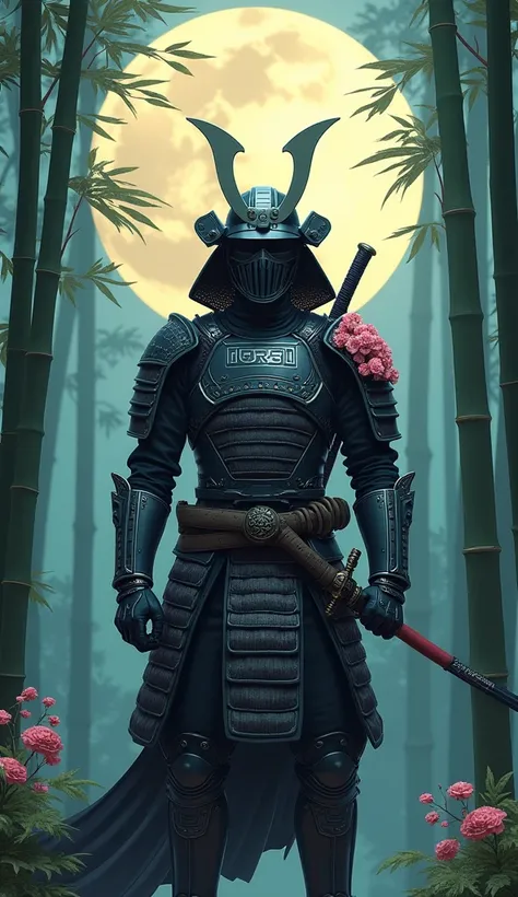 A futuristic samurai warrior with sleek armor, blending traditional Japanese elements like katana swords and cherry blossom patterns with high-tech enhancements. The warrior stands in a serene bamboo forest under a glowing full moon.