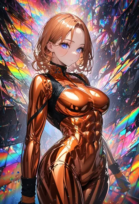 beautiful woman, captivating eyes, superlative body proportion, wearing (shiny copper plated) smooth crop and tight fit combat uniform, abs, background tained glass with rainbow colored gemstones on a black velvet wall, fluorescent paint splashes scattered...