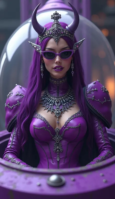  Shes a purple-haired woman , Of Maria Chiquinha ,  of braces on the teeth, with sunglasses,  as if she were an alien queen from a faraway place ,  with a purple flying saucer written a year ago and wearing Majestys clothing.