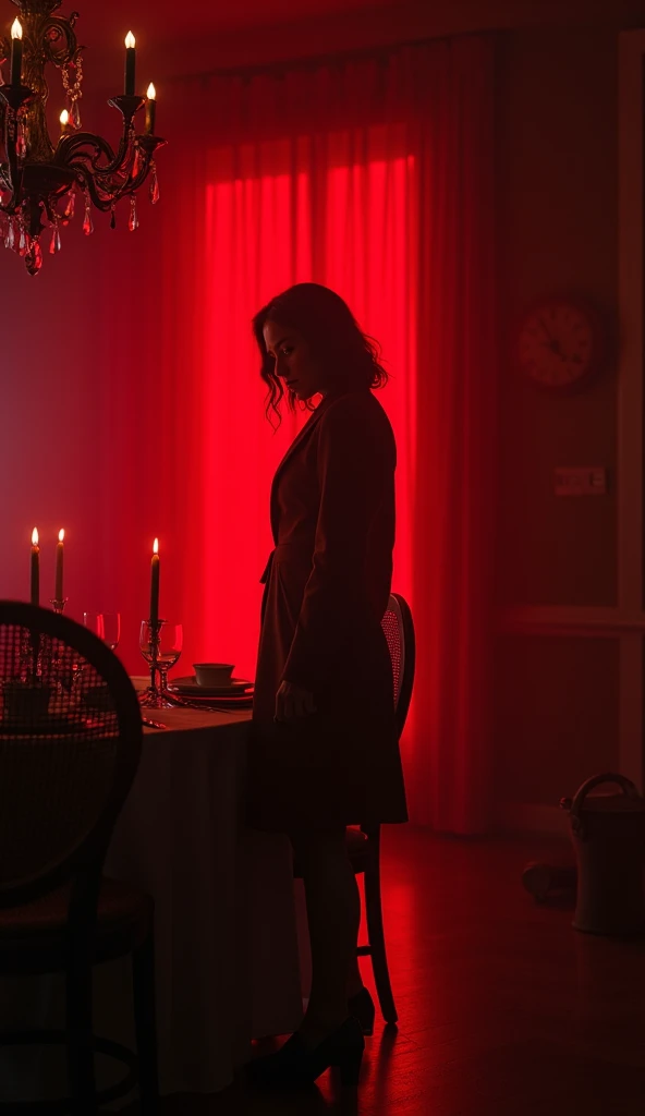 A dramatic scene of the detective Clara standing in the dark red-lit dining room, piecing together the clues as the atmosphere grows more intense.