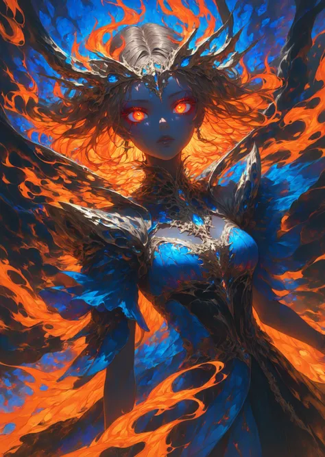  Masterpiece, high quality, high resolution, 16K, ultra detailed background, hyper realistic, digital painting, dark fantasy, flame war maiden, long eyelashes, beautiful skin, long hair with burning flames, red, orange or blue flame gradient hair color, fl...