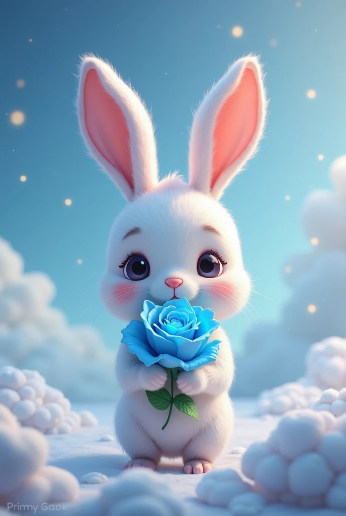 A cute rabbit has a blue rose