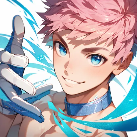 ultra detailed, master piece, best quality, cinematic angle, motion lines, focus male, detailed eyes, detailed hands, white skin male, whole body, muscle, pink hair, expressive light blue eyes, shirtless, pale blue musical note, pale blue glitter, white ch...