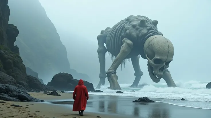 Create a surreal and atmospheric scene set on a desolate, foggy beach. The central focus should be a colossal, weathered skeleton of a giant humanoid lying partially submerged in the sand and surf. The bones should appear ancient, cracked, and eroded, emph...