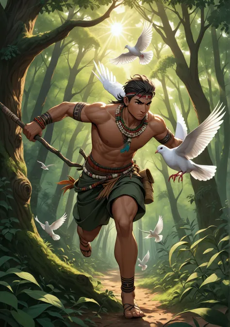 **Prompt:**  
"A highly detailed 8K resolution cartoon-style image of a tribal hunter running towards a dove perched on a tree branch. The hunter is in mid-motion, with one leg forward, wearing traditional attire made of leaves and beads. His muscles are t...