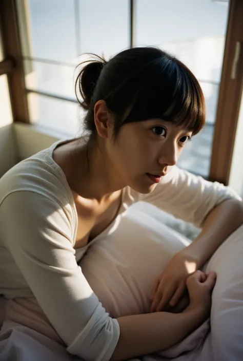 portrait by pentax645d , a japanese girl with messy short black hairs with medium round sharp brown eyes , small high nose , thin lips , a-cup breasts , athletic body , stretching on the bed with a thin white shirt and morning light