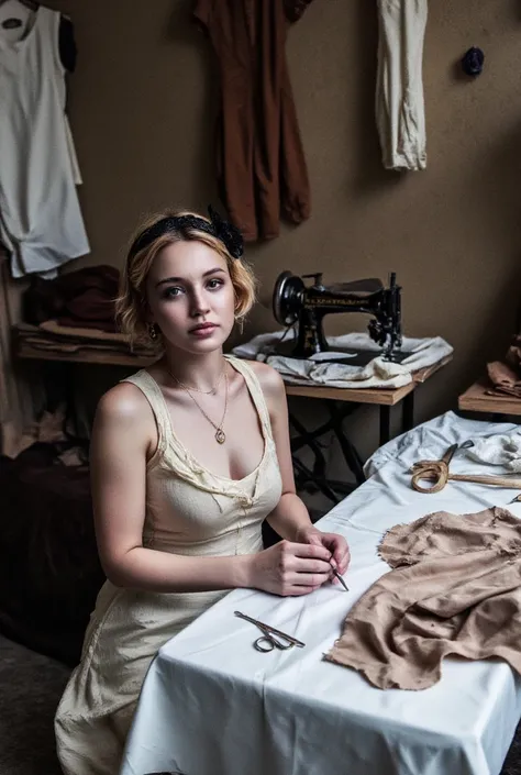 This is a high-resolution photograph of a woman in a vintage-inspired setting, possibly a fashion atelier or a sewing workshop. The woman, with a pale, fair complexion, has intricate, intricate hairstyles styled in a 19th-century fashion, adorned with a bl...