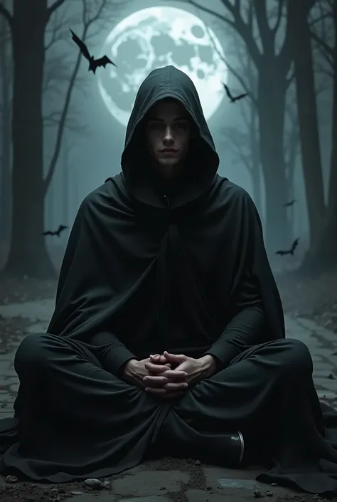 A young man with a black cape, Bat-roasted , meditating, be dark