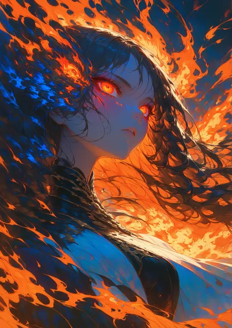  Masterpiece, high quality, high resolution, 16K, ultra detailed background, Makoto Shinkai illustration, hyper realistic, digital painting, dark fantasy, flame war maiden, long eyelashes, beautiful skin, long hair with burning flames, gradient hair color ...