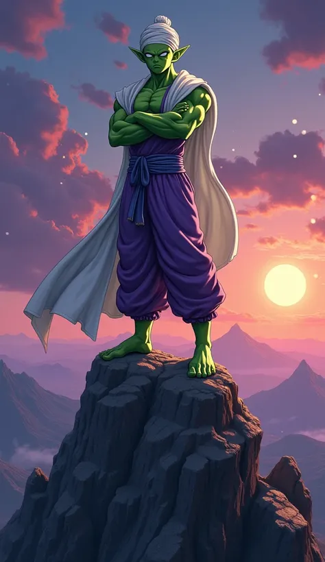 A majestic depiction of Piccolo, standing tall and serene atop a jagged mountain peak under a twilight sky. The scene is bathed in hues of deep purple, orange, and blue as the last light of the sun fades, casting long shadows across the rugged terrain. Pic...