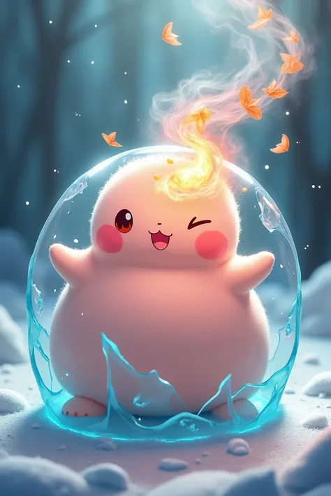 Un chamallow qui crame (le Pokémon) dans de la glace avec un souffle de feuilles A4