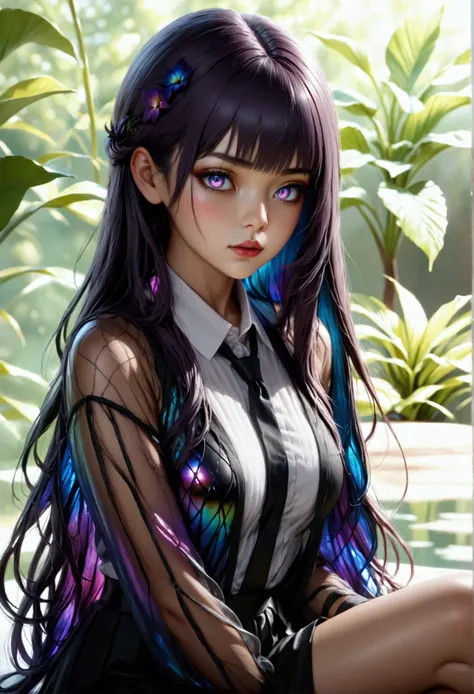 masterpiece, high-res,best quality, aesthetic, 8k,realistic,1girl,mahiru shiina, Long smooth straight dark purple hair, inner dark iridescent hair, iridescent eyes, aesthetic figure, sitting in hentai sefuku