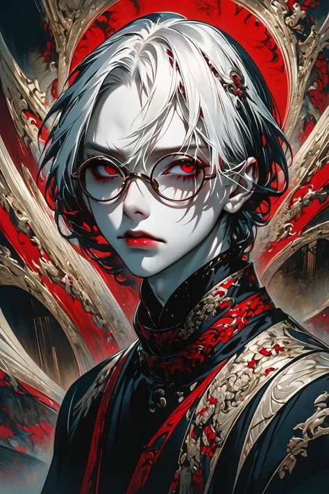  round glasses, bangs covering the eyes, sharp eyes, kneeling posture, looking up from below, magic tower, scarred face, pale skin, red eyes, empty eyes, long nails, red lips, thick lips, crazy eyes, hooded figure, masterpiece, best quality, clear image, f...