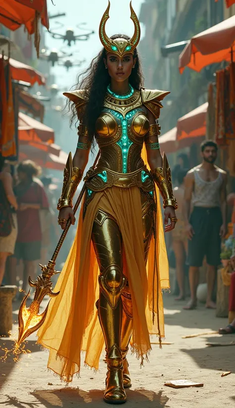 A mystical cyber-warrior wearing gold-plated armor with glowing turquoise engravings inspired by traditional Indian patterns. Their trident crackles with electrical energy. They stride through a bustling futuristic marketplace, where hovering drones carry ...