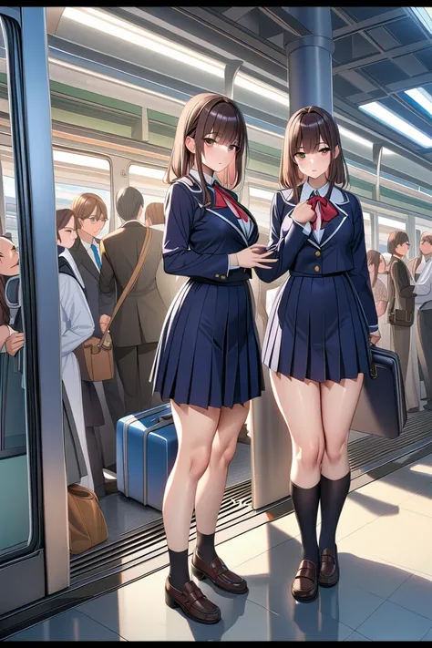 (super high quality:1.3), masterpiece, (high definition), HDR, 8k, school girl standing in uniform, crowded Busy Train Station,