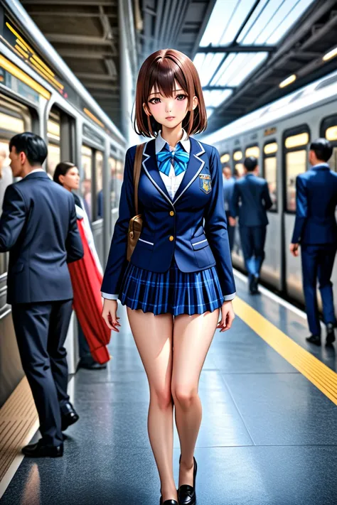 (super high quality:1.3), masterpiece, (high definition), HDR, 8k, school girl standing in uniform, crowded Busy Train Station,