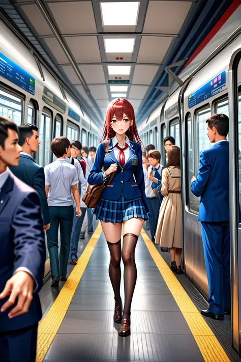 (super high quality:1.3), masterpiece, (high definition), HDR, 8k, school girl standing in uniform, crowded Busy Train Station,