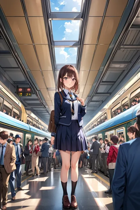 (super high quality:1.3), masterpiece, (high definition), HDR, 8k, school girl standing in uniform, crowded Busy Train Station,