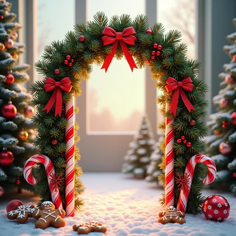 (( RAW photo),  masterpiece,  better quality , ( Extremely detailed 8k unit CG wallpaper), ( best illustration ), ( best shadow),  realistic lighting,  detailed and beautiful brightness ,  A festive Christmas arch decorated with green pine branches ,  red ...