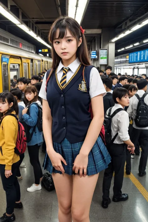 (super high quality:1.3), masterpiece, (high definition), HDR, 8k, school girl standing in uniform, crowded Busy Train Station,