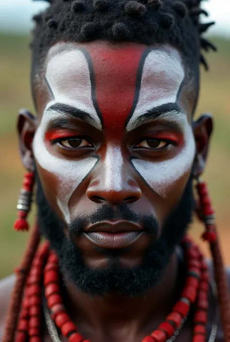 African artistic makeup for warrior men in white, black and red colors with lines, circles, tribal dots. 