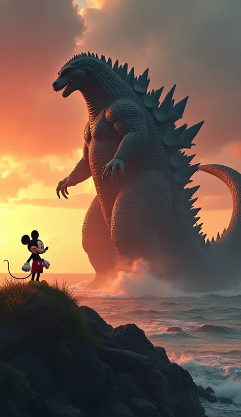 The towering, reptilian Godzilla stands on the edge of a craggy shoreline, its enormous, scaly body casting a long shadow over the ocean. Next to it, a much smaller but confident Mickey Mouse stands in a cheerful pose on a grassy hill, his iconic red short...