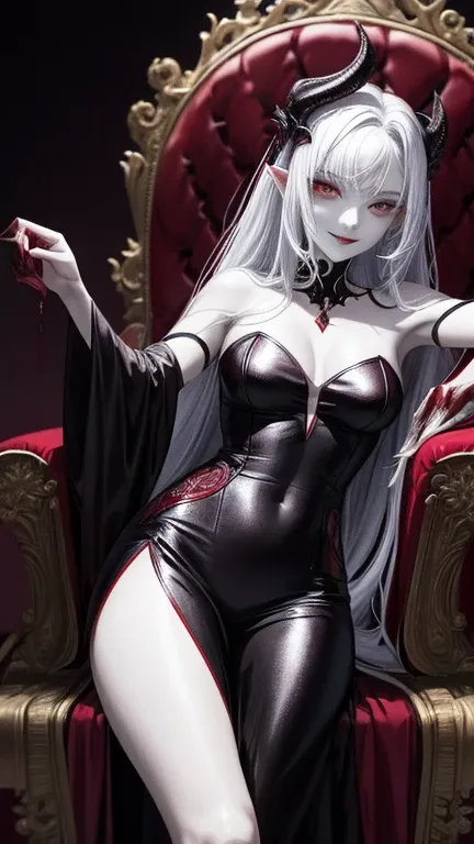 blood red velvet throne,  her ethereal beauty is further accentuated by the sharp contrast. Her skin, pale, like a moonlit night, shines with an unearthly radiance. her lips, deep raspberry,  are separated in a seductive smile , revealing sharp fangs, like...