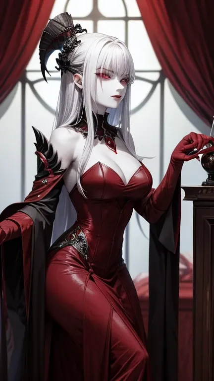 blood red velvet throne,  her ethereal beauty is further accentuated by the sharp contrast. Her skin, pale, like a moonlit night, shines with an unearthly radiance. her lips, deep raspberry,  are separated in a seductive smile , revealing sharp fangs, like...