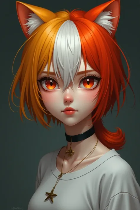  Her short hair, which is golden orange with a white tip, is tied in a side tail, and the left side is gold, and the right side is red, and the right side is a red-eyed girl with vertical pupils They have the same eyes, a small, straight nose, and thin, mo...