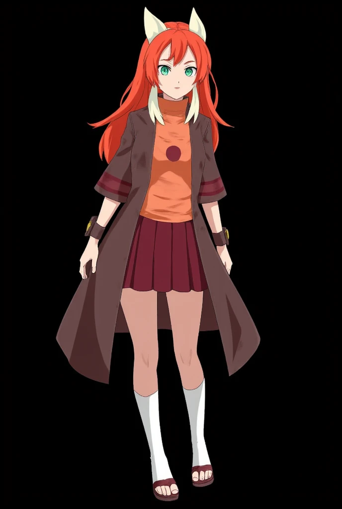 (photoanimenaruto:2.3), Female Character from Naruto, Age: .  full body . Made in the traits of Naruto.  Straw Doll Spell: Resonance . Height: 1,60 m,  Weight: 50 kg,  straight fire-colored hair with two white locks highlighted on the front. loose hair. Li...