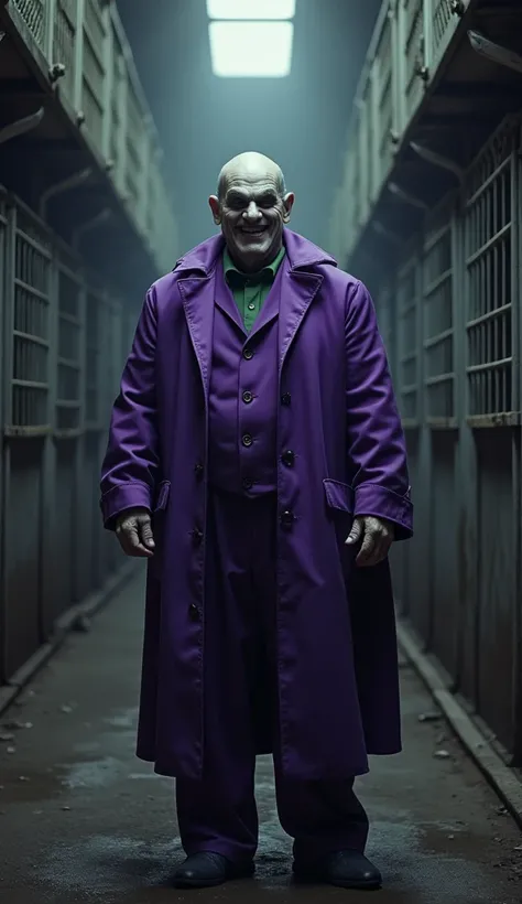  Standing in the center of a maximum security prison , with the cell bars in the background .  He is in his classic purple costume and looks directly at the camera,  smiling with a malicious expression ,  while the environment around him seems bleak and cl...