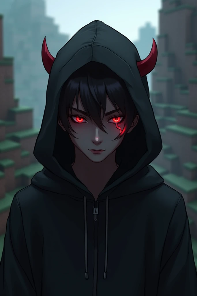 black hoodie without cap minecraft male character with redish wist red eyes with tiny red horn with minecraft background 